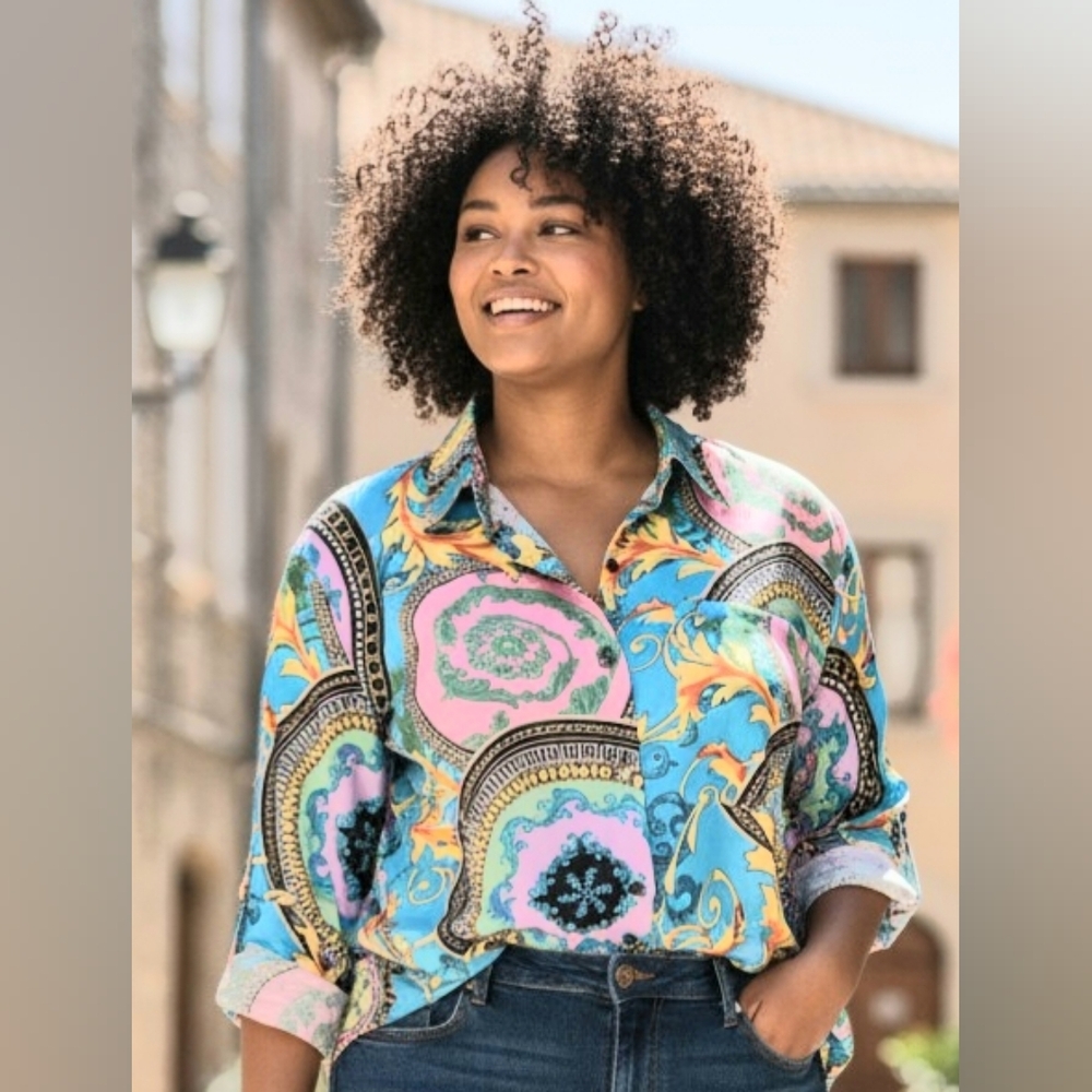 Chicme Multicolor Medallion Print Button-Down Shirt - Blue, Pink, Yellow, Green